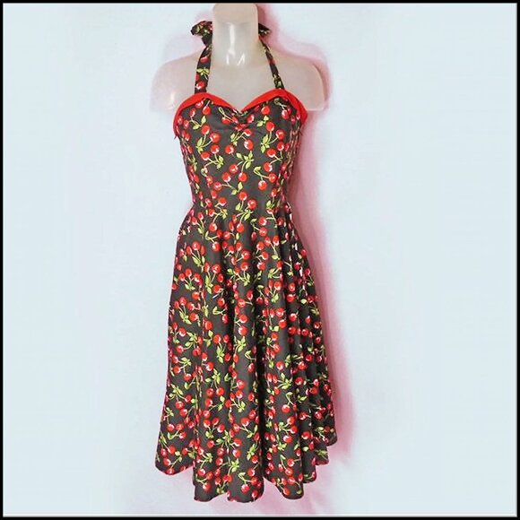50s STYLE Sun Dress Black Cherry Print PinUp  Fit Flare Halter is 90s Vintage - Picture 3 of 12